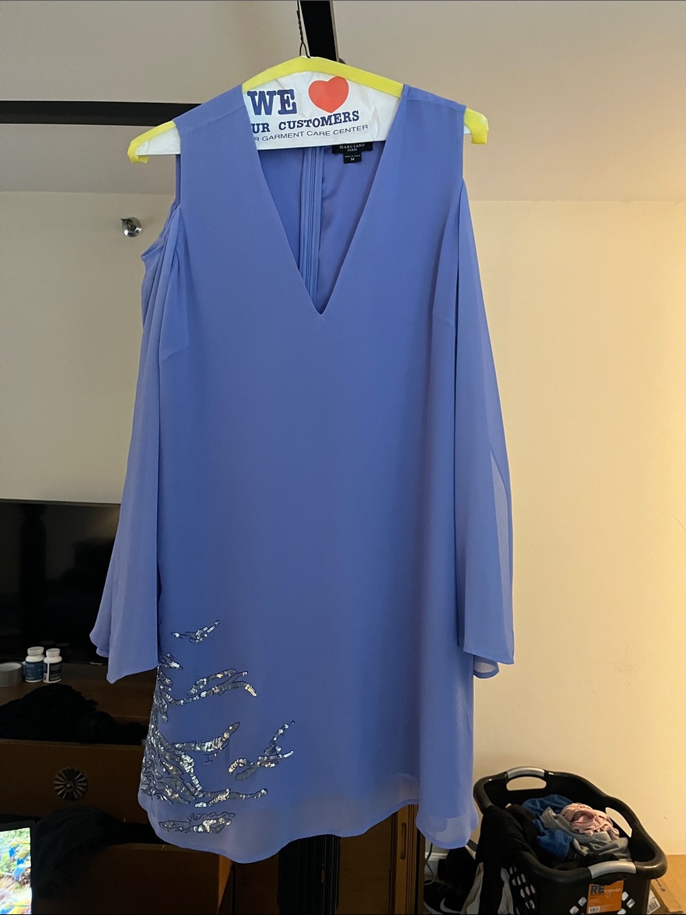 Marciano Lavender V-Neck Long Sleeve Cold-Shoulder Dress with Sequin Detail